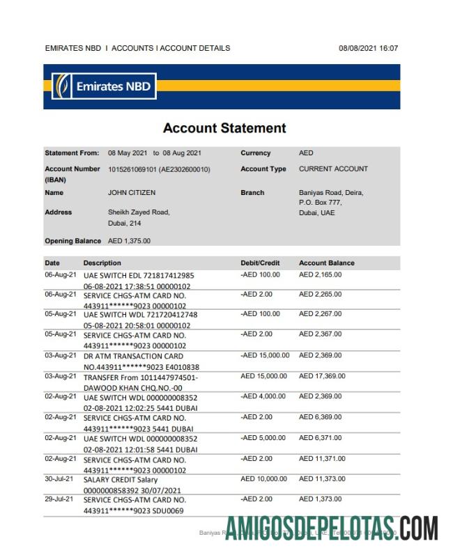 UAE Dubai Emirates NBD Excel Pdf modelo